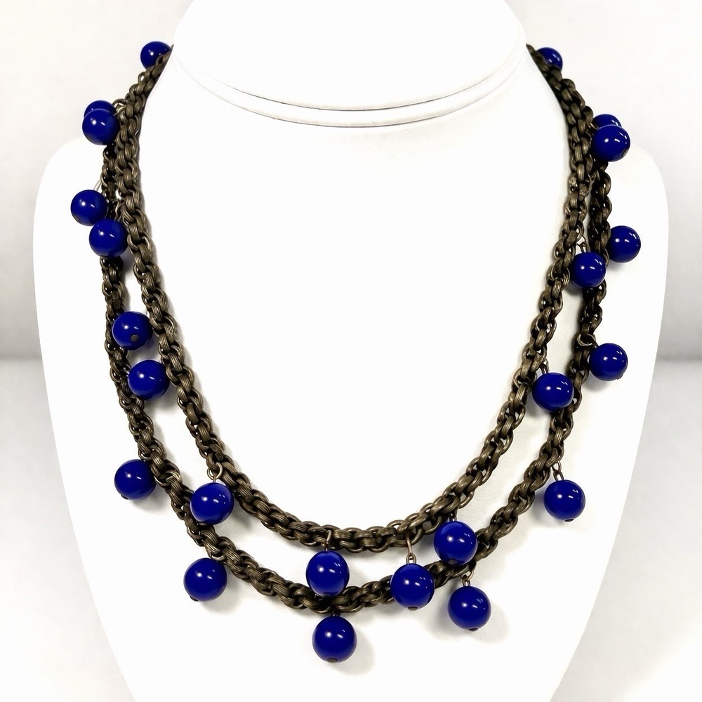 VTG Multi-Strand Bronze Toned Cobalt Blue Beaded Necklace Dangle Boho Chic 16"
